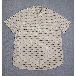 Lucky Brand‎ Pearl Shirt Mens L Cream Blue Feather Saturday Stretch Boho Pockets